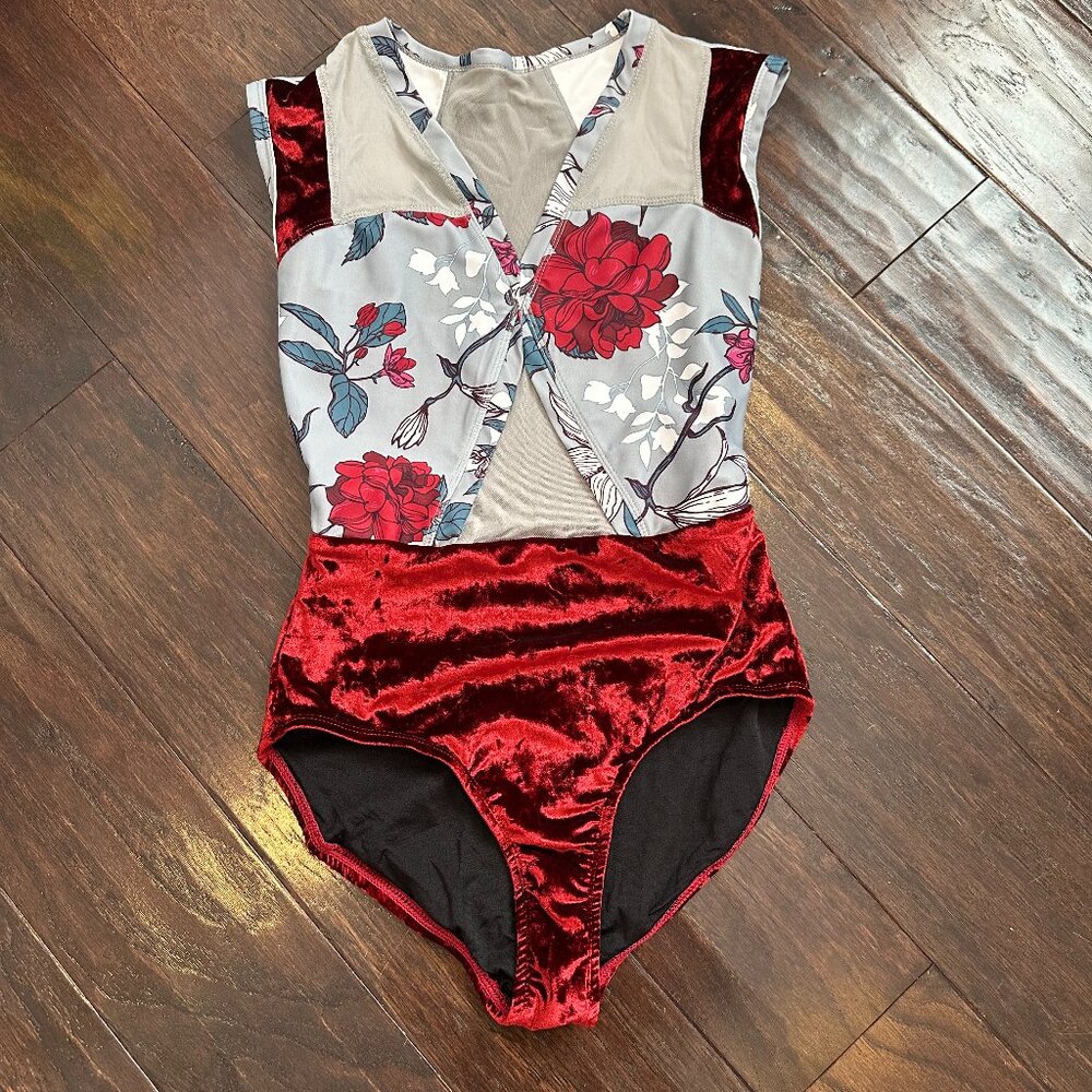 Oh La La Red Crushed Velvet and Grey Floral Leotard
